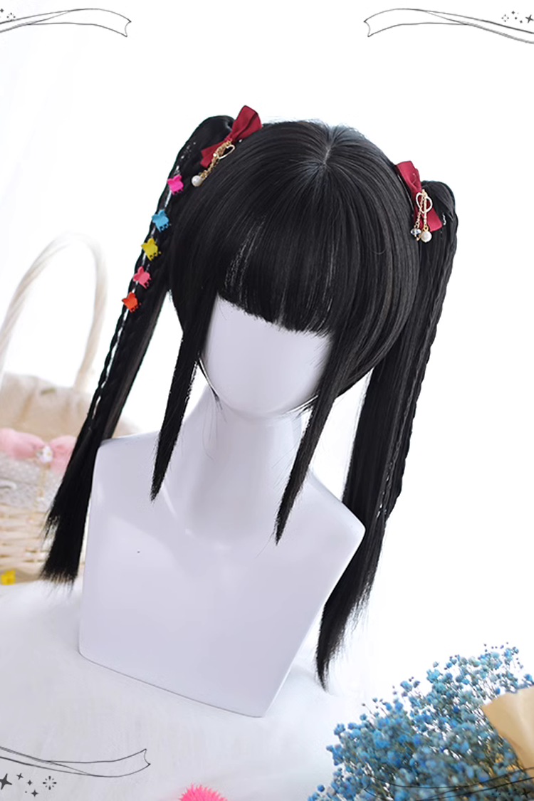 Black Natural Double Ponytail Short Hair Classic Lolita Wigs - Product - 5
