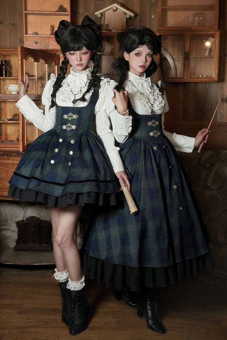 Blue/Green [Berlin's letter] Double-Layered Plaid Print Ruffle Bowknot Classic College Style Lolita Strap Dress Set 2 Versions - Blue/Green - 1