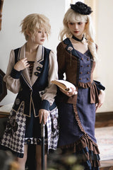 Blue/Brown Time Traveler Long Sleeves Multi-layer Print Ruffle Punk Lolita Mermaid Skirt Set - Product - 7