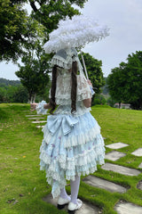 Purple [Lavender] Sleeveless Multi-Layered Print Ruffle Bowknot Lace-Up Sweet Elegant Lolita Jsk Dress Set - Product - 7