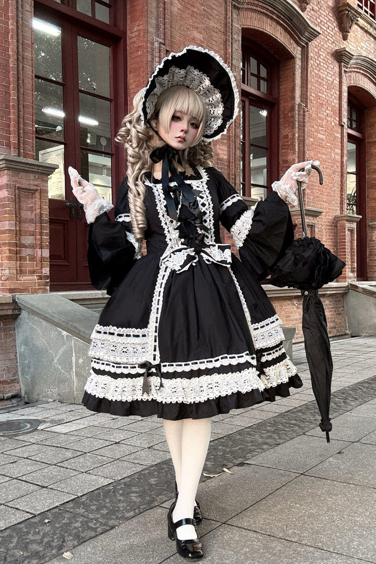 Black Square Collar Long Trumpet Sleeves Bow Lace Lace-Up Gothic Lolita Dress - Product - 6