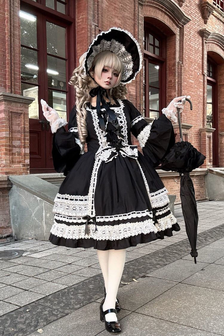 Black Square Collar Long Trumpet Sleeves Bow Lace Lace-Up Gothic Lolita Dress - Product - 6