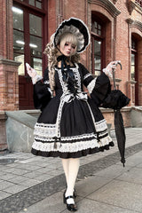 Black Square Collar Long Trumpet Sleeves Bow Lace Lace-Up Gothic Lolita Dress - Product - 6