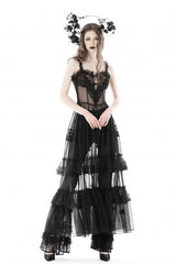 Black Sleeveless Hearted Multi-Layered Lace Split Sheer Mesh Women's Gothic Maxi Slip Dress - Product - 5