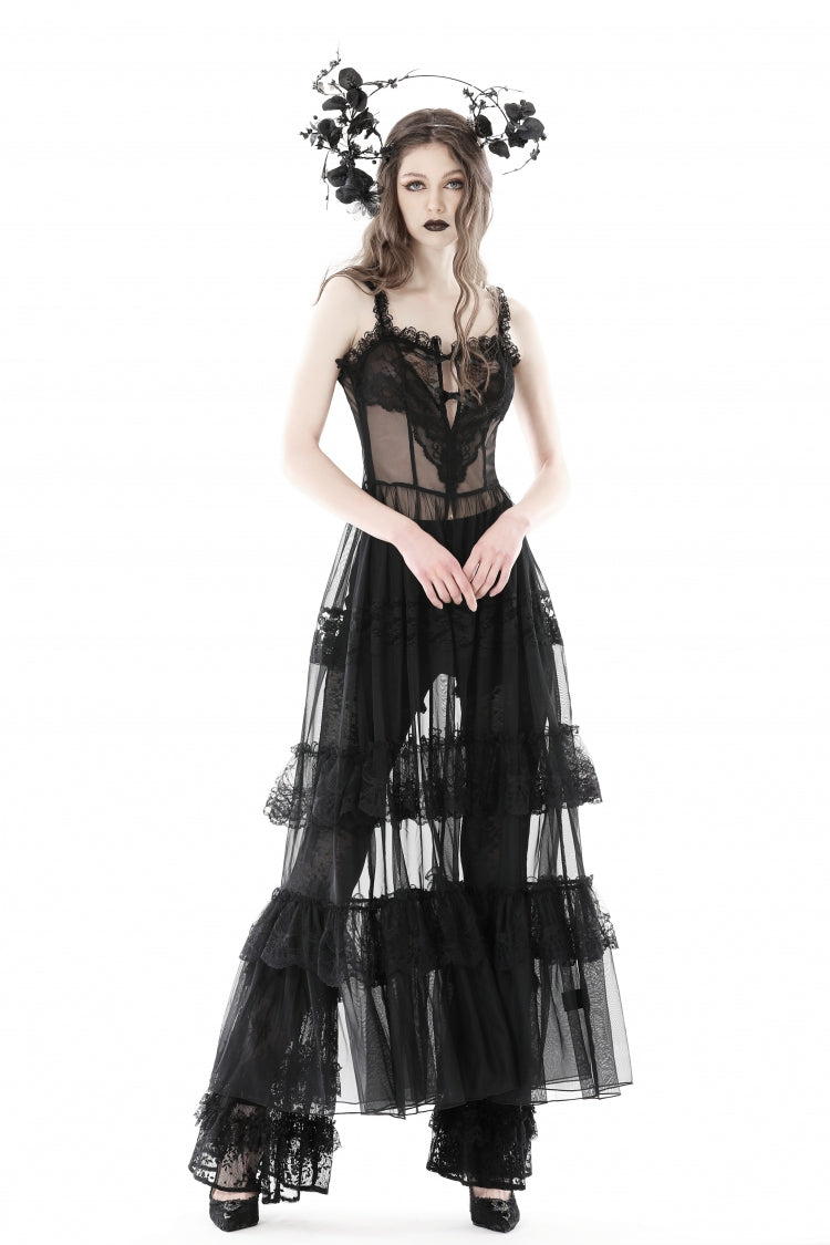 Black Sleeveless Hearted Multi-Layered Lace Split Sheer Mesh Women's Gothic Maxi Slip Dress - Product - 5