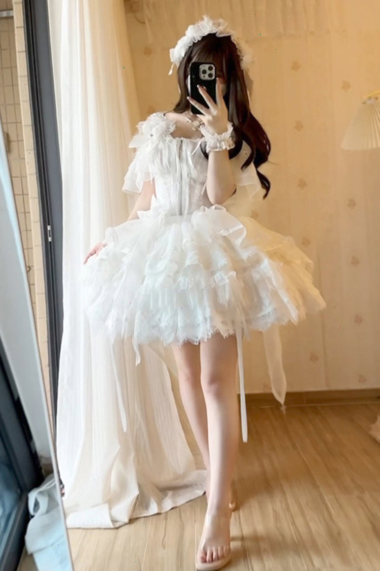 White [Rose Memoirs] Sleeveless Multi-Layered Bowknot Lace Sweet Lolita Skirt Set - Product - 5