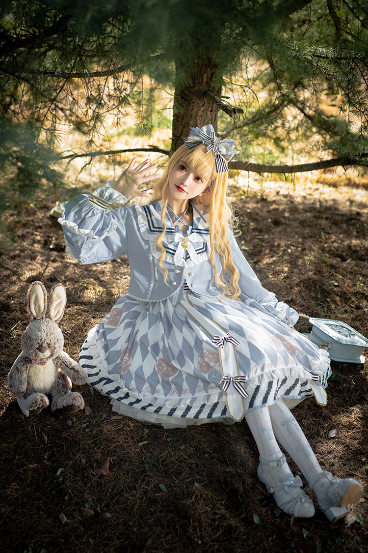 Light Blue Heart Print Bowknot Sweet Princess Alice Lolita Jsk Dress - Product - 4