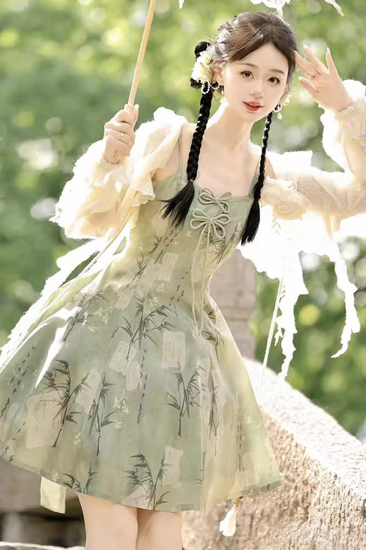 Green Bamboo Print Lace-Up Sweet Chinese Style Lolita Jsk Dress - Product - 3