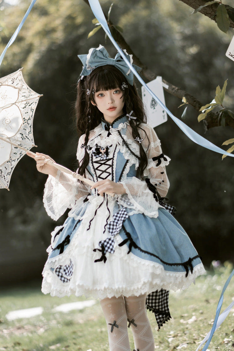 Blue Ruffle Bowknot Lace Sweet Chinese Style Elegant Princess Lolita Skirt (Includes Tops) - Product - 2