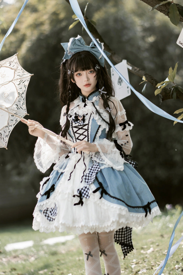 Blue Ruffle Bowknot Lace Sweet Chinese Style Elegant Princess Lolita Skirt (Includes Tops) - Product - 2