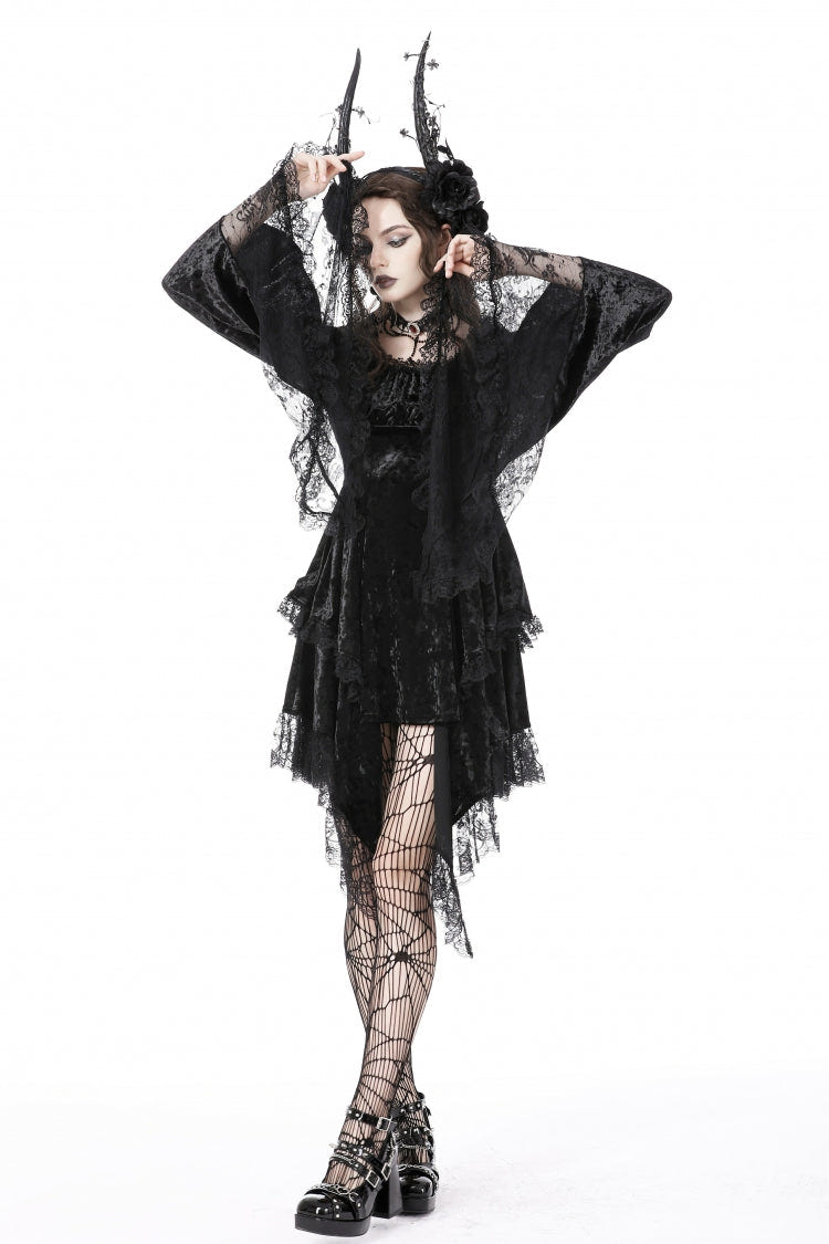 Black Irregular Long Trumpet Sleeves Lace Spliced Women's Gothic Velvet Graduation Dress - Product - 11
