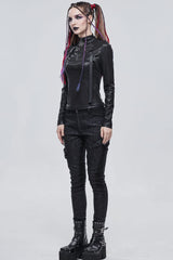 Black Punk Shimmery Stretch Fabric With Zipper Metal Pentagram Pendant Women's Shirt - Product - 5