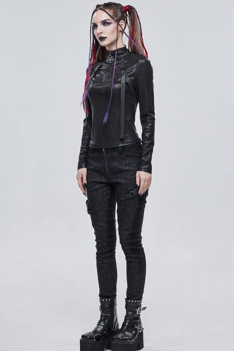 Black Punk Shimmery Stretch Fabric With Zipper Metal Pentagram Pendant Women's Shirt - Product - 5