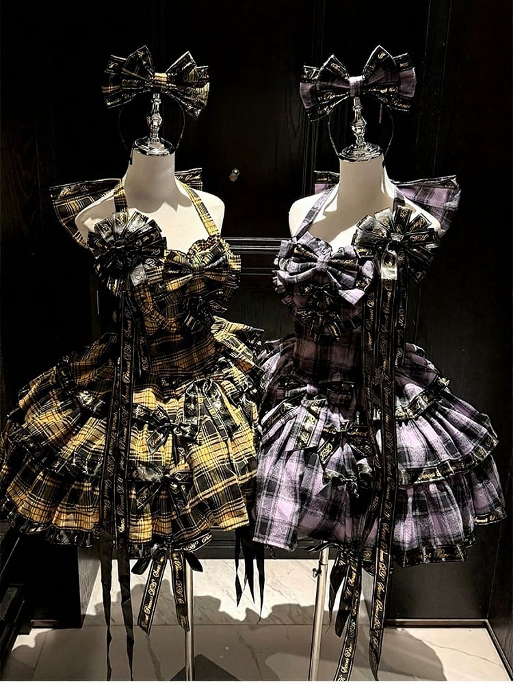 Yellow Sweet Bow Halter Plaid Lolita Dress Full Set + KC + Brooch + Hair Clip - view 9