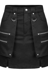Black Heavy Industrial Hem Slit Design Multi-Pocket Zipper Trim Sexy Women's Punk Mini Skirt - Product - 5