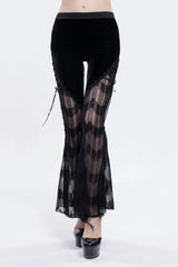 Black Striped Panel Semi Sheer Lace Up Long Women's Gothic Pants - Black - 1