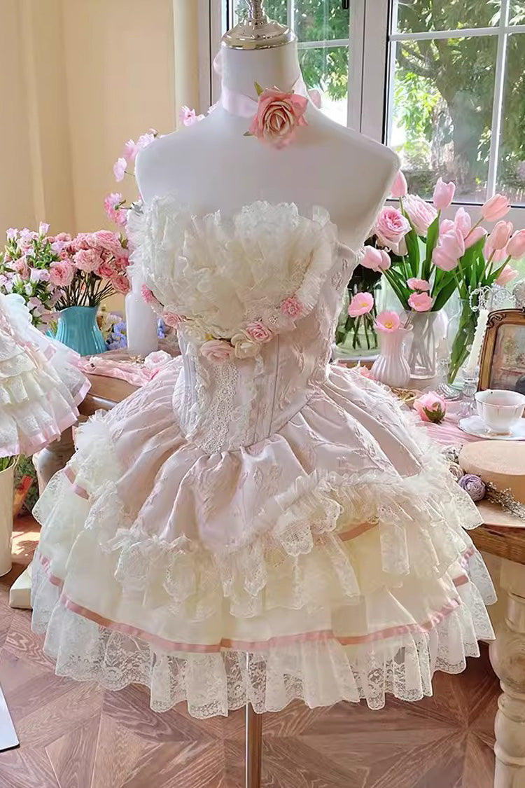 Pink Flower Goddess of Love Ruffle Bowknot Lace Sweet Elegant Lolita Skirt Dress Set - Product - 3