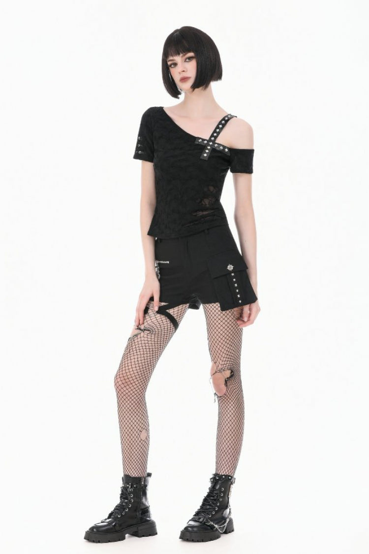 Black Off Shoulder Short Sleeves Studded Cross Straps Asymmetric Women's Punk Top - Product - 8