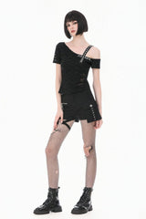 Black Off Shoulder Short Sleeves Studded Cross Straps Asymmetric Women's Punk Top - Product - 8