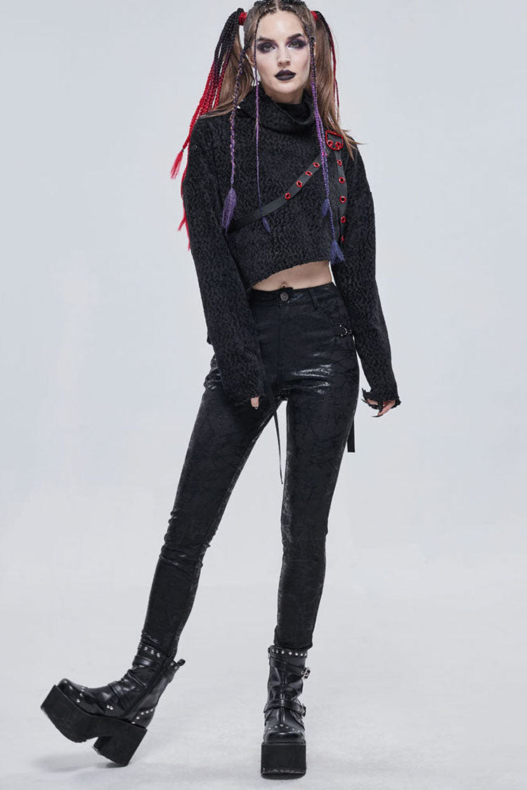 Black Punk Knitted Over Glue Metal Buckle Decoration Elasticity Leather Women's Leggings - Product - 8