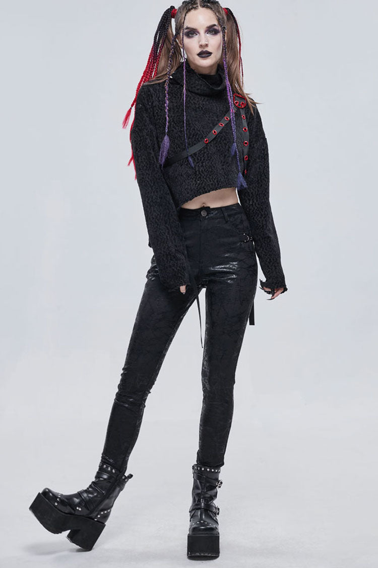 Black Punk Knitted Over Glue Metal Buckle Decoration Elasticity Leather Women's Leggings - Product - 8
