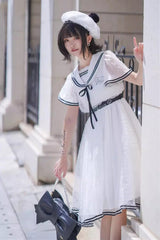 White [Seaside Sweetheart] Chiffon Navy Collar Short Sleeves Ruffled Lace-Up Slim Sailor Sweet Lolita Dress - Product - 5
