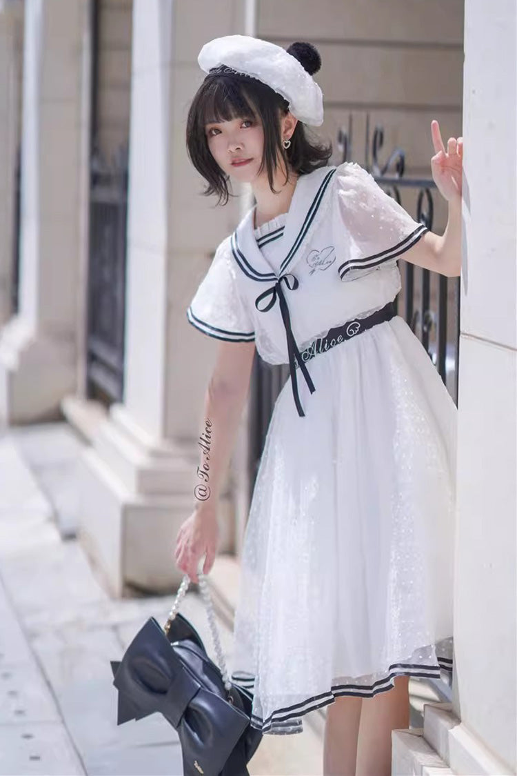 White [Seaside Sweetheart] Chiffon Navy Collar Short Sleeves Ruffled Lace-Up Slim Sailor Sweet Lolita Dress - Product - 5