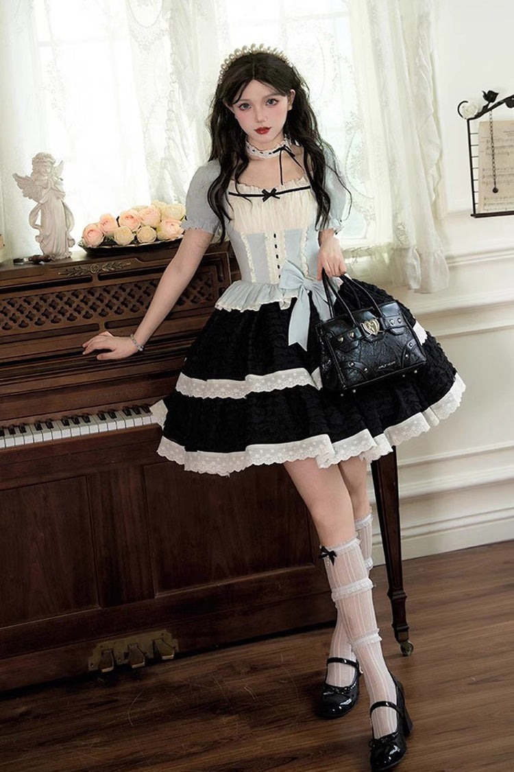 Black/Blue Mint Dark Chocolate Fake Two-piece Square Collar Ruffle Bowknot Sweet Lolita Dress - Product - 3