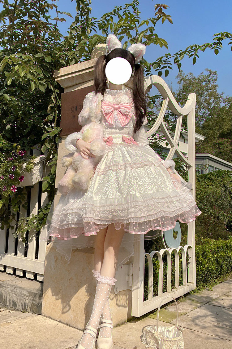 ホワイト／ピンク 魔法 Meow フリル リボン スウィートプリンセスロリータ ジャンパースカート（JSK） 商品画像
