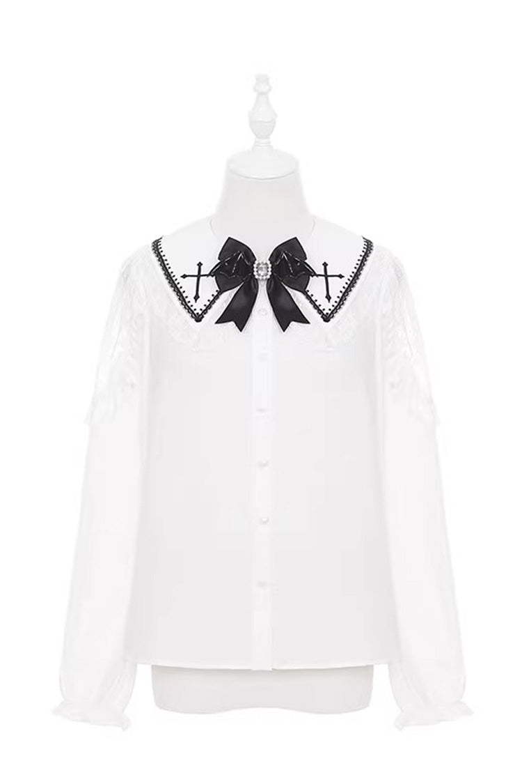 Black/Red [Showa Cake] Sleeveless Triple-Layered Ruffled Bow Lace-Up Witch Gothic Lolita Jsk Dress - White-Blouse - 12