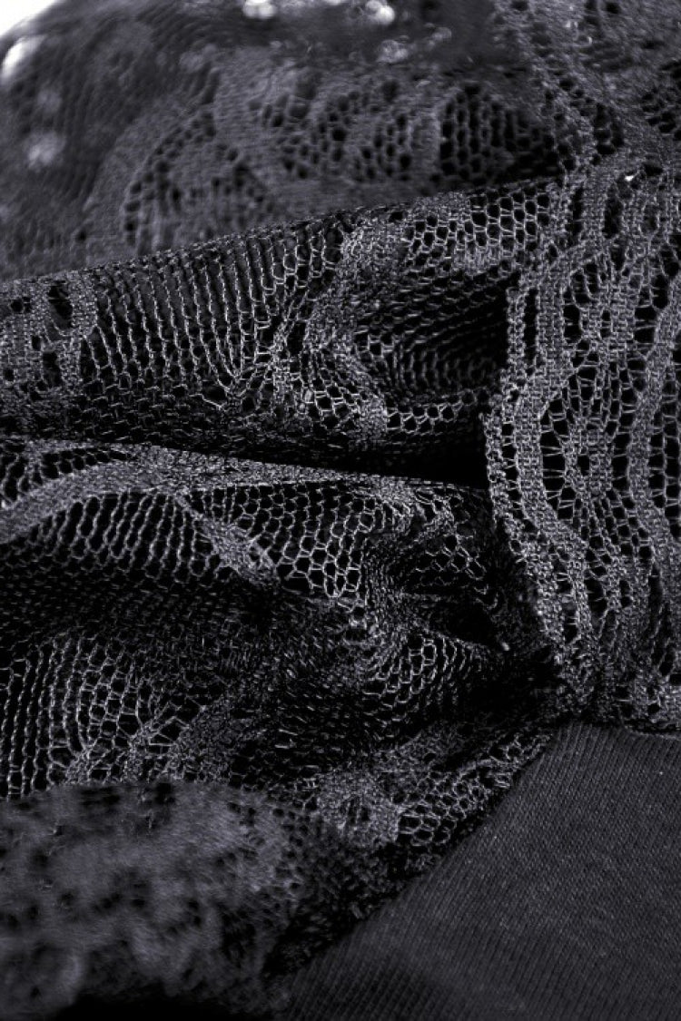 Black Plunging V Collar Short Sleeves Ruffled Lace Sexy Women's Gothic Crop Top - Product - 14