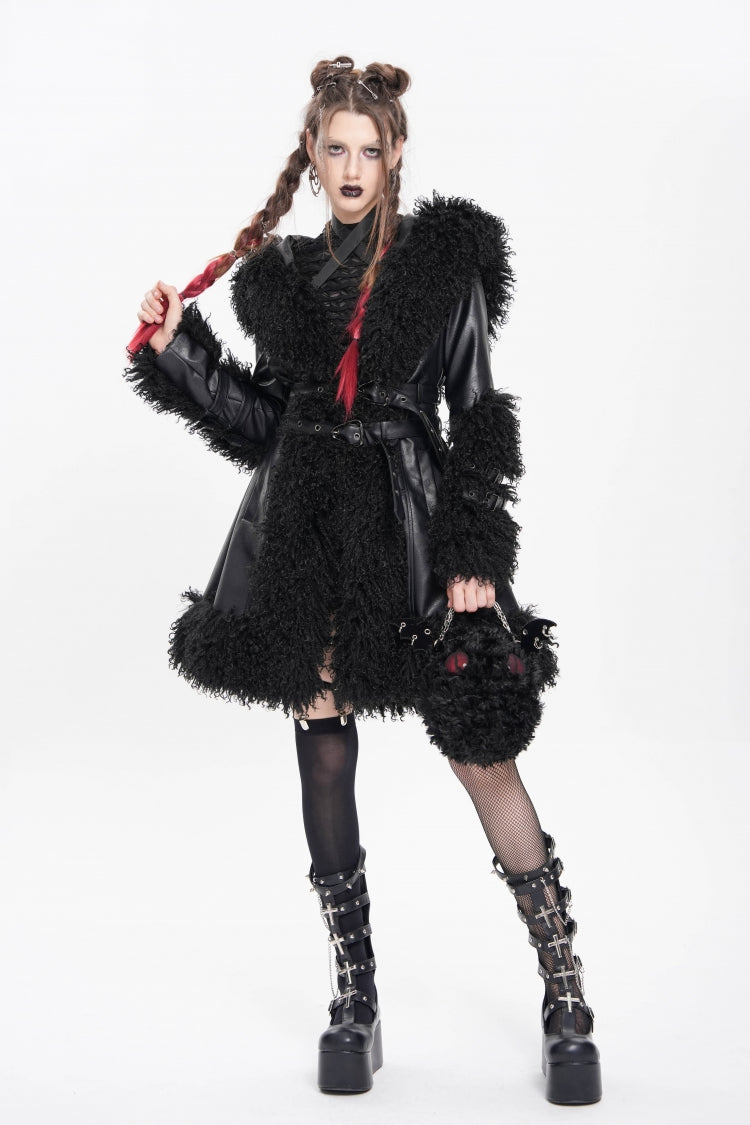 Black Long Sleeves Plush Stitching Buckle Hooded Straps Women's Punk Coat - Product - 12