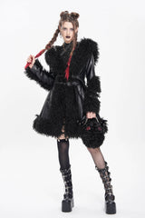 Black Long Sleeves Plush Stitching Buckle Hooded Straps Women's Punk Coat - Product - 12