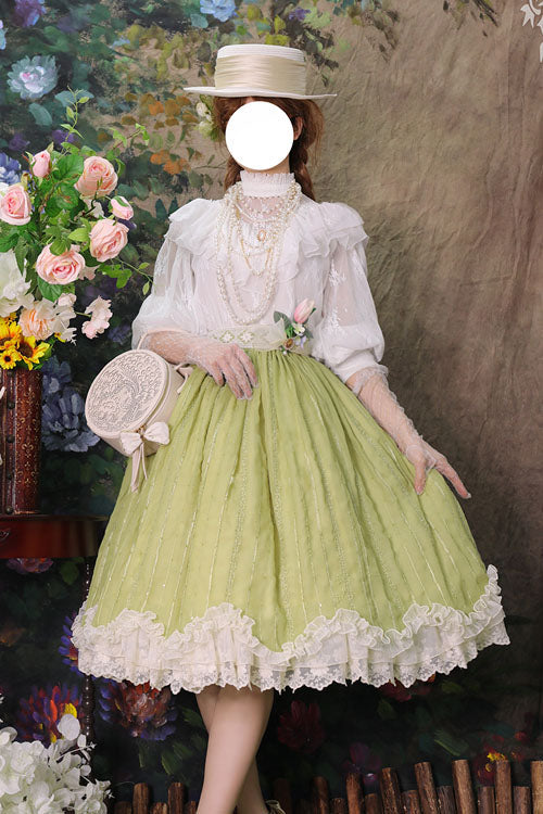 Green Elegant Vintage Tulip Multi-Layer Ruffled Classic Lolita Skirt Dress - Product - 2