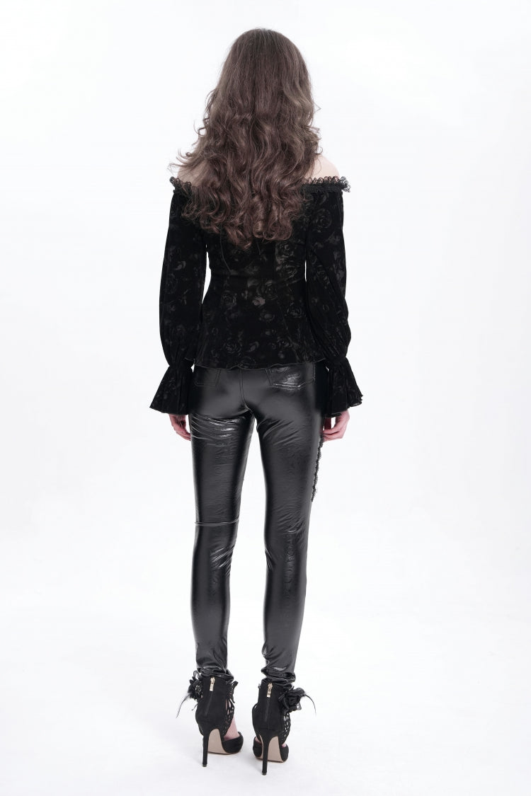 Black Off Shoulder Hollow Embroidery Women's Gothic Blouse - Product - 5