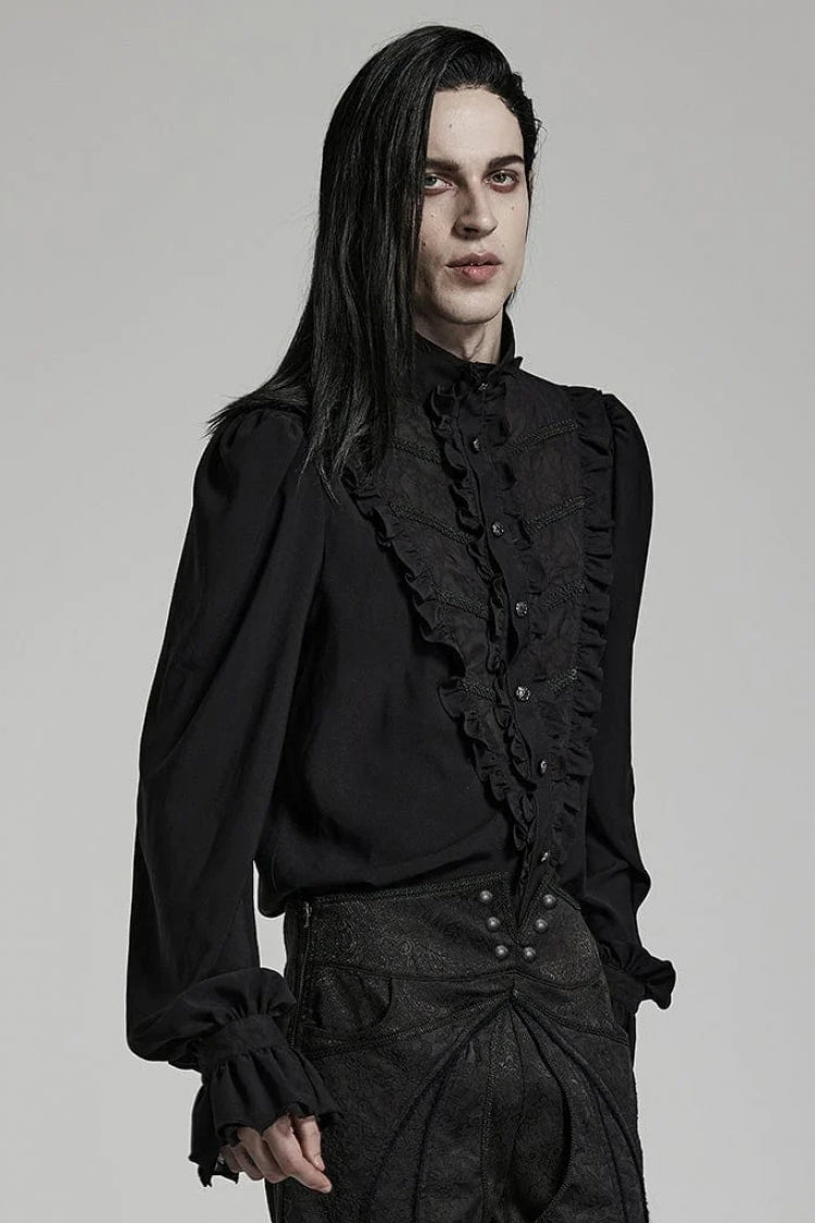 Black Stand Collar Ruffle Webbing Embellishment Mens Gothic Blouse - Product - 2