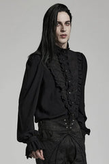 Black Stand Collar Ruffle Webbing Embellishment Mens Gothic Blouse - Product - 2