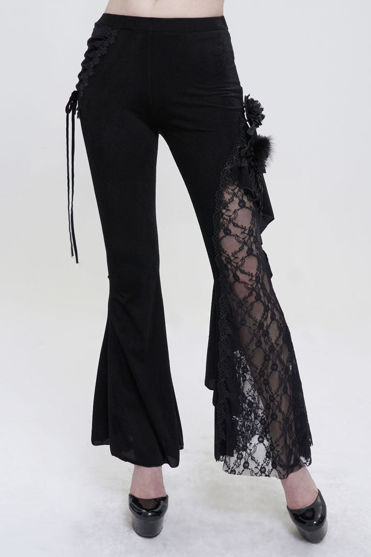 Black Velvet Single Side Stitching Rose Net Side Rope Decoration Asymmetric Pattern Flare Women's Gothic Pants - Product - 2