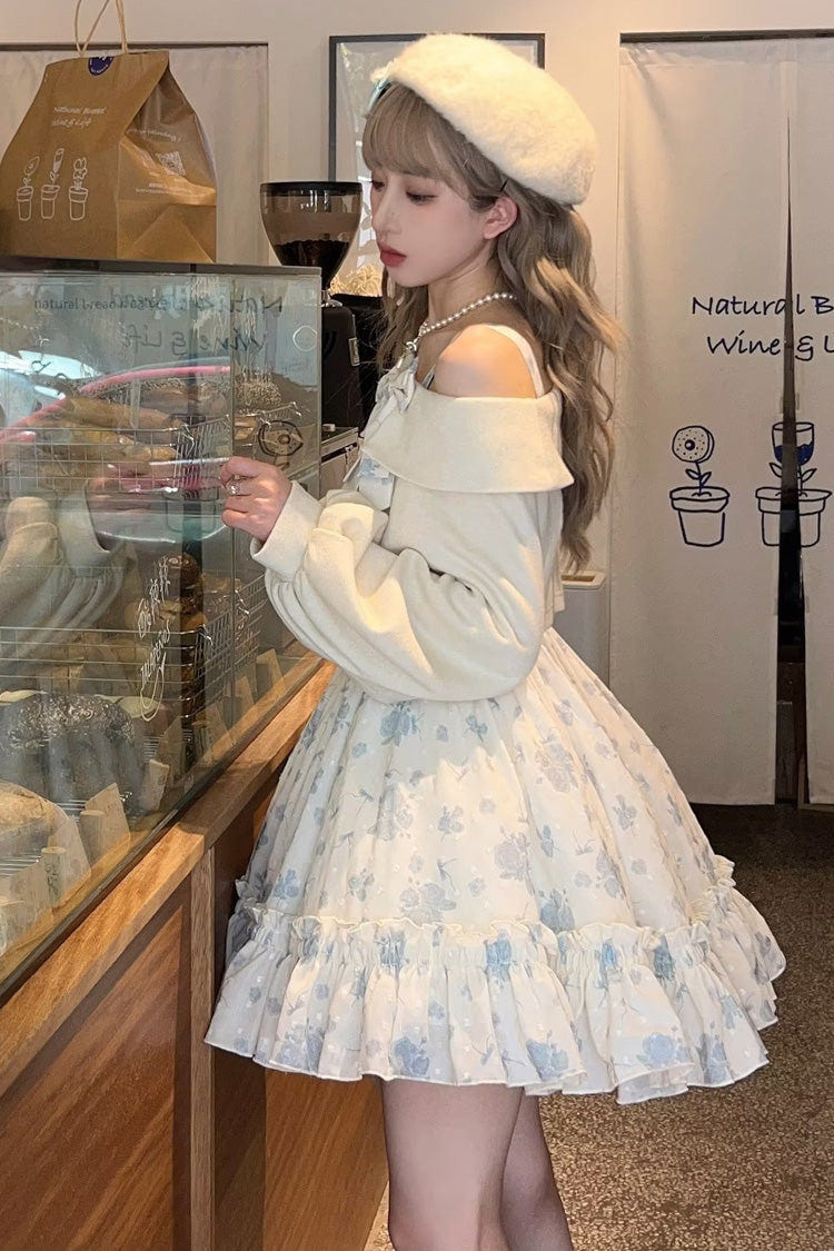 Blue Oblique Shoulder Print Ruffle Bowknot Lace Sweet Lolita Jsk Dress Set - Product - 5
