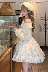 Blue Oblique Shoulder Print Ruffle Bowknot Lace Sweet Lolita Jsk Dress Set - Product - 5