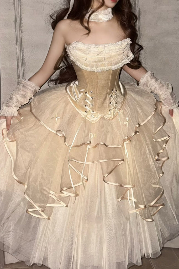 Ivory [The Summer Waves Sparkle] Square Collar Sleeveless Multi-Layered Ruffled Bow Lace-Up Slim Sweet Lolita Skirt Set - Product - 7