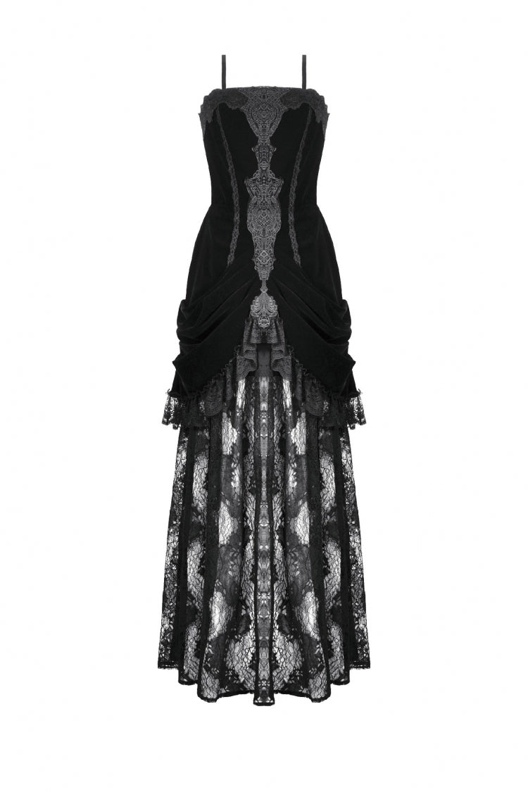 Black Women's Gothic Embroidered Lace Hem Ruched Slip Wedding Dress - Product - 3