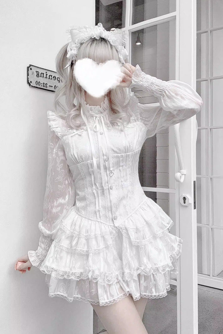 [Rose Bible] Long Sleeves Triple-Layered Multi-Layered Jacquard Ruffled Lace-Up Gothic Jirai Kei Japanese Blouse and Pumpkin Shorts Set 2 Colors - Product - 3