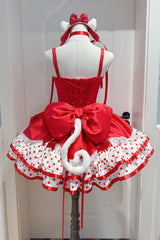 Red [Jasmine Rain] Square Collar Sleeveless Triple-Layered Polka Dot Printed Ruffled Bow Lace Sweet Lolita Jsk Dress - Product - 3