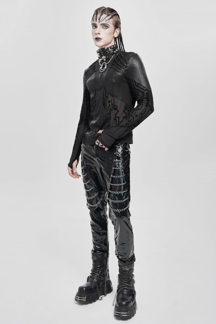 Black Long Sleeves Circuit Board Print Men's Punk Blouse - Product - 7