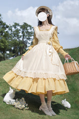Yellow Long Sleeves Print Ruffle Lace-Up Sweet Elegant Lolita Dress - Yellow - 1
