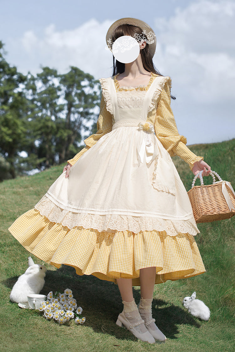 Yellow Long Sleeves Print Ruffle Lace-Up Sweet Elegant Lolita Dress - Yellow - 1