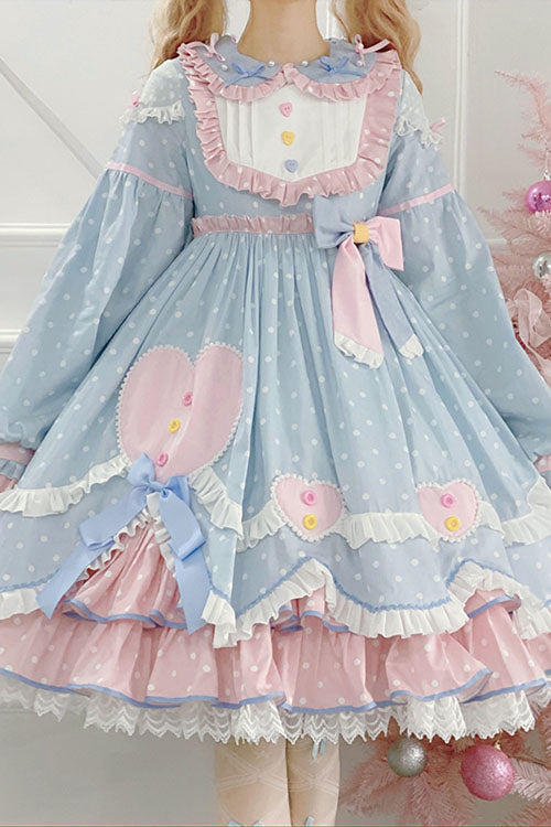 Blue Pop Sugar Bowknot Long Sleeves Love Pocket Decoration Multi-Layer Ruffled Sweet Lolita OP Tiered Dress - Product - 2