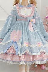Blue Pop Sugar Bowknot Long Sleeves Love Pocket Decoration Multi-Layer Ruffled Sweet Lolita OP Tiered Dress - Product - 2