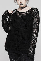 Round Collar Striped Print Irregular Ripped Women's Gothic Sweater 4 Colors - Black - 9